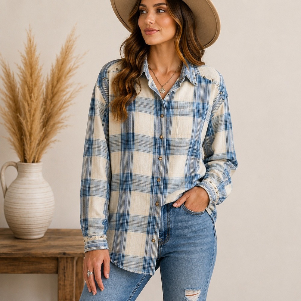 Vintage Hairston Roberson ROPA Western Tencel Plaid Shirt M USA Studs Concho